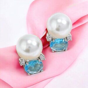 NEW White Pearl Stud Earrings Blue Zircon Silver Plated Classic Preppy Feminine